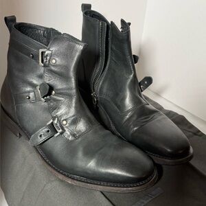 John Varvatos Black Leather Buckle Boots
